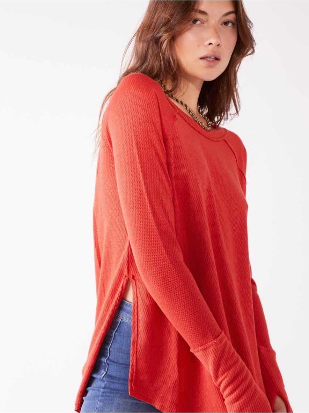 Free People Shirt Womens Medium Burnt Orange Waffle Knit Long Sleeve Tunic